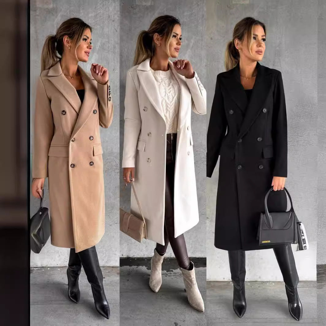 Damen Eleganter Doppelreiher-Mantel mit strukturiertem Stoff und taillierbarem Gürtel R&B