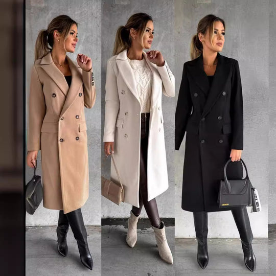 Damen Eleganter Doppelreiher-Mantel mit strukturiertem Stoff und taillierbarem Gürtel R&B