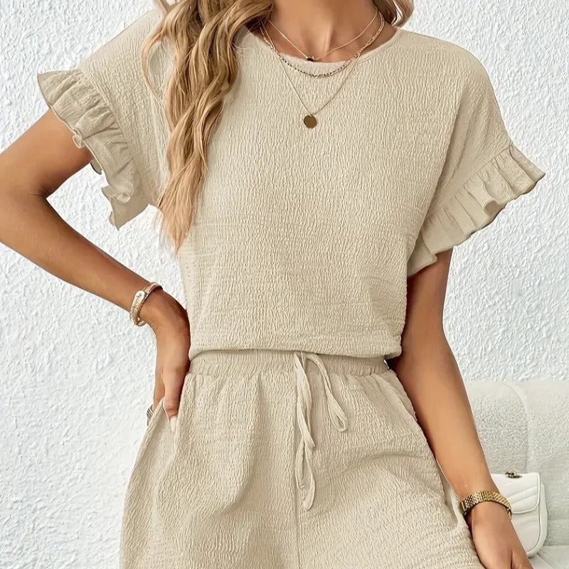 Damen lässiger Shortsanzug mit Rüschendetails und elastischem Taillenzug R&B