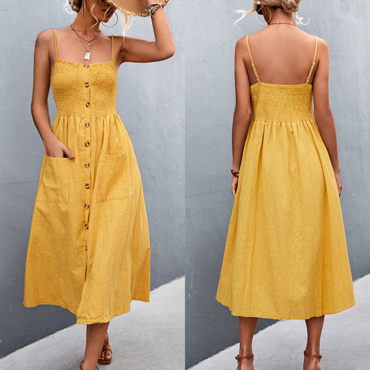 Damen Sommerliches Knopfkleid mit elastischer Taille und praktischen Taschen R&B
