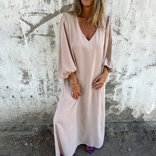 Damen Maxi-Kleid mit eleganten Puffärmeln und seitlichen Schlitzen R&B