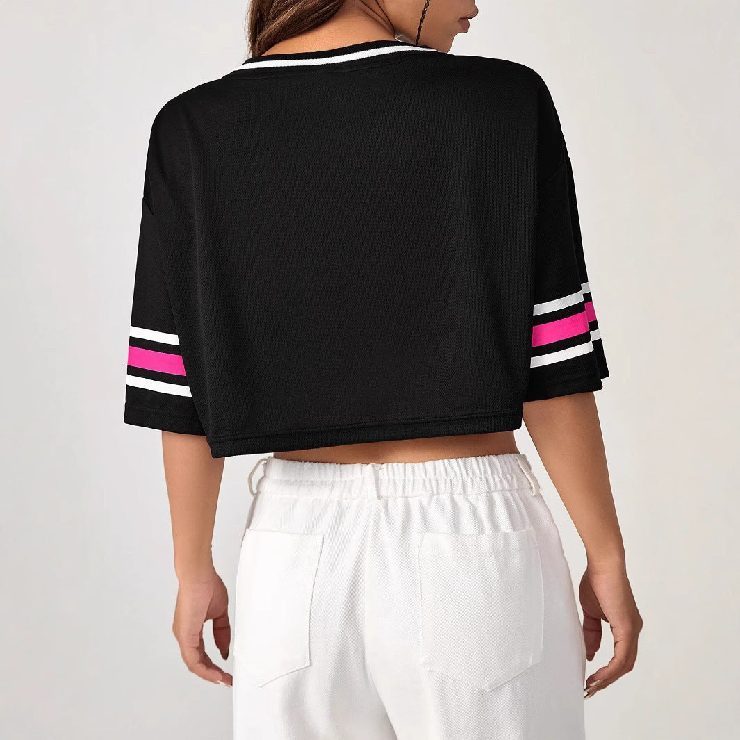Damen Crop-Top mit sportivem V-Ausschnitt und grafischem Druck R&B