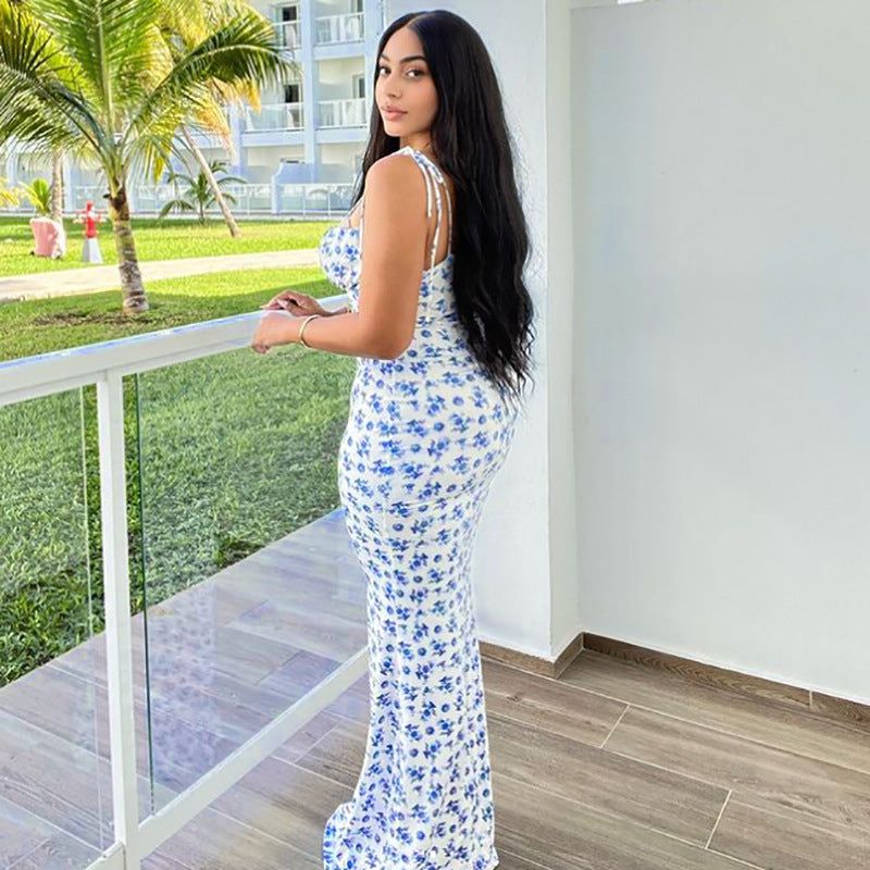 Damen Maxikleid mit floralen Mustern und zarten Trägern R&B