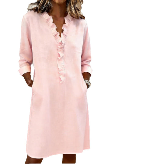 Damen Freizeitkleid mit Rüschen und V-Ausschnitt R&B