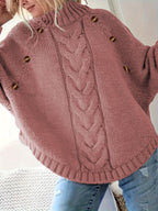 Damen Lockere Strickpullover mit hohem Kragen und dekorativen Knöpfen R&B