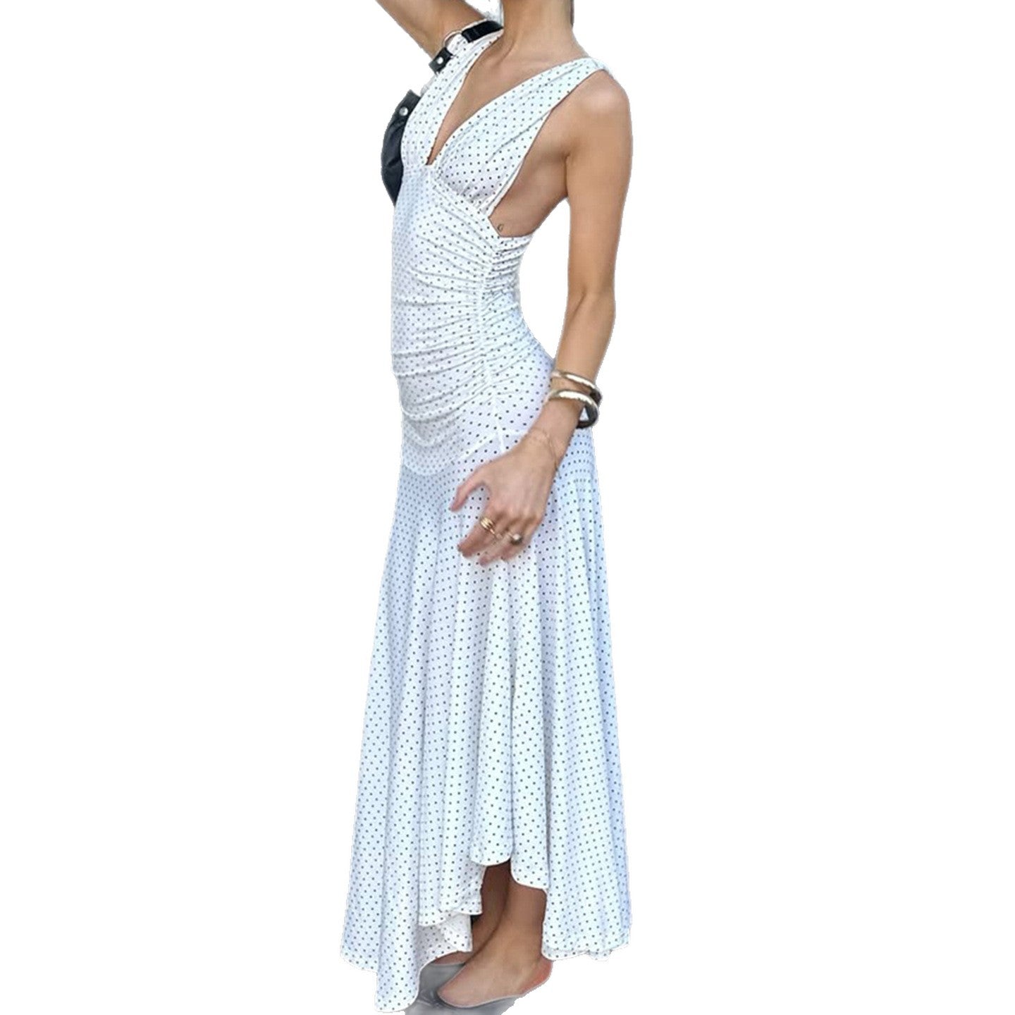 Damen Maxikleid mit asymmetrischem Saum und tiefem V-Ausschnitt R&B