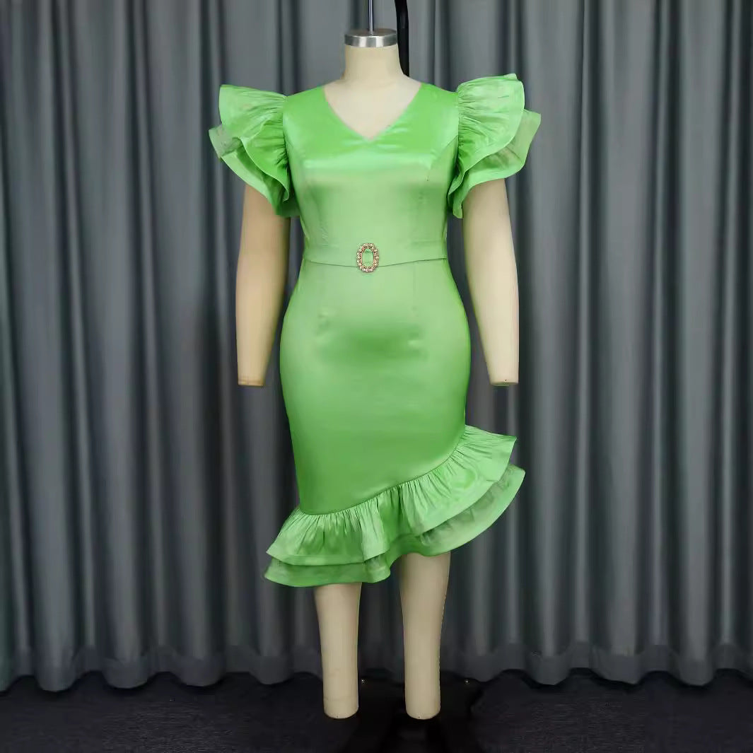 Damen elegantes Kleid mit voluminösen Rüschenärmeln und seitlichem Schlitz R&B