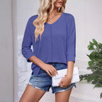 Damen lässiges V-Neck Oberteil mit strukturiertem Design und lockerer Passform R&B