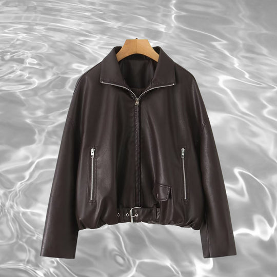 Damen Kunstlederjacke mit taillierbarem Gürtel und seitlichen Reißverschlusstaschen R&B