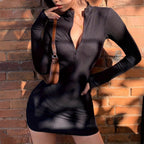 Damen figurbetontes Minikleid mit halbem Reißverschluss und langen Ärmeln R&B
