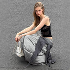 Damen modische High-Waist-Hose mit asymmetrischem Design und seitlichem Bindegurt R&B