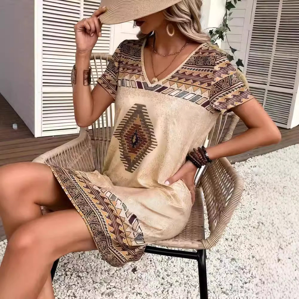 Damen lässiges Tunika-Kleid mit ethnischem Muster R&B