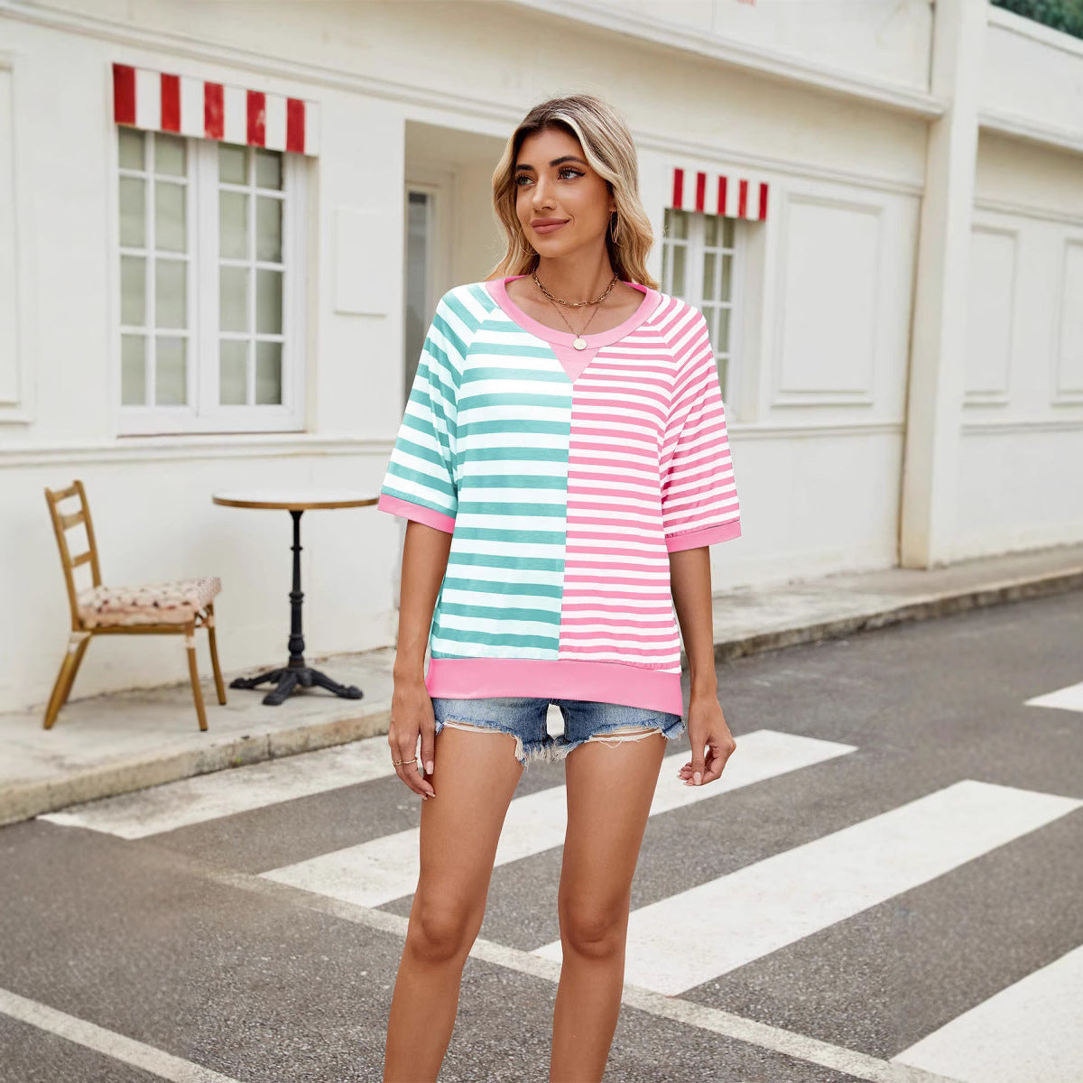 R&B | Gestreifte farblich passende Rundhalsausschnitt lose kurze Ärmel
