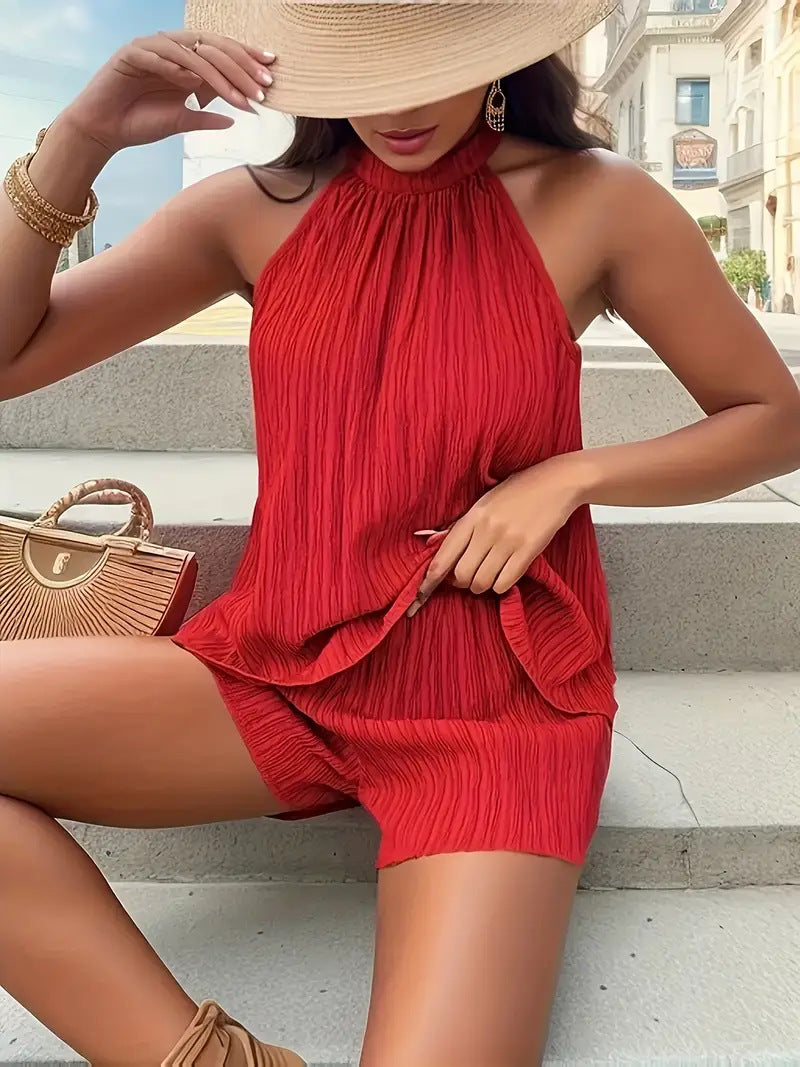 Damen elegantes Plisseeshort-Set mit hochgeschlossenem Kragen R&B