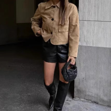 Damen Wildlederimitat Jacke mit Knopfleiste und Taschen R&B