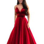 Damen A-Linien Abendkleid mit tiefem Ausschnitt und schmalen Trägern R&B