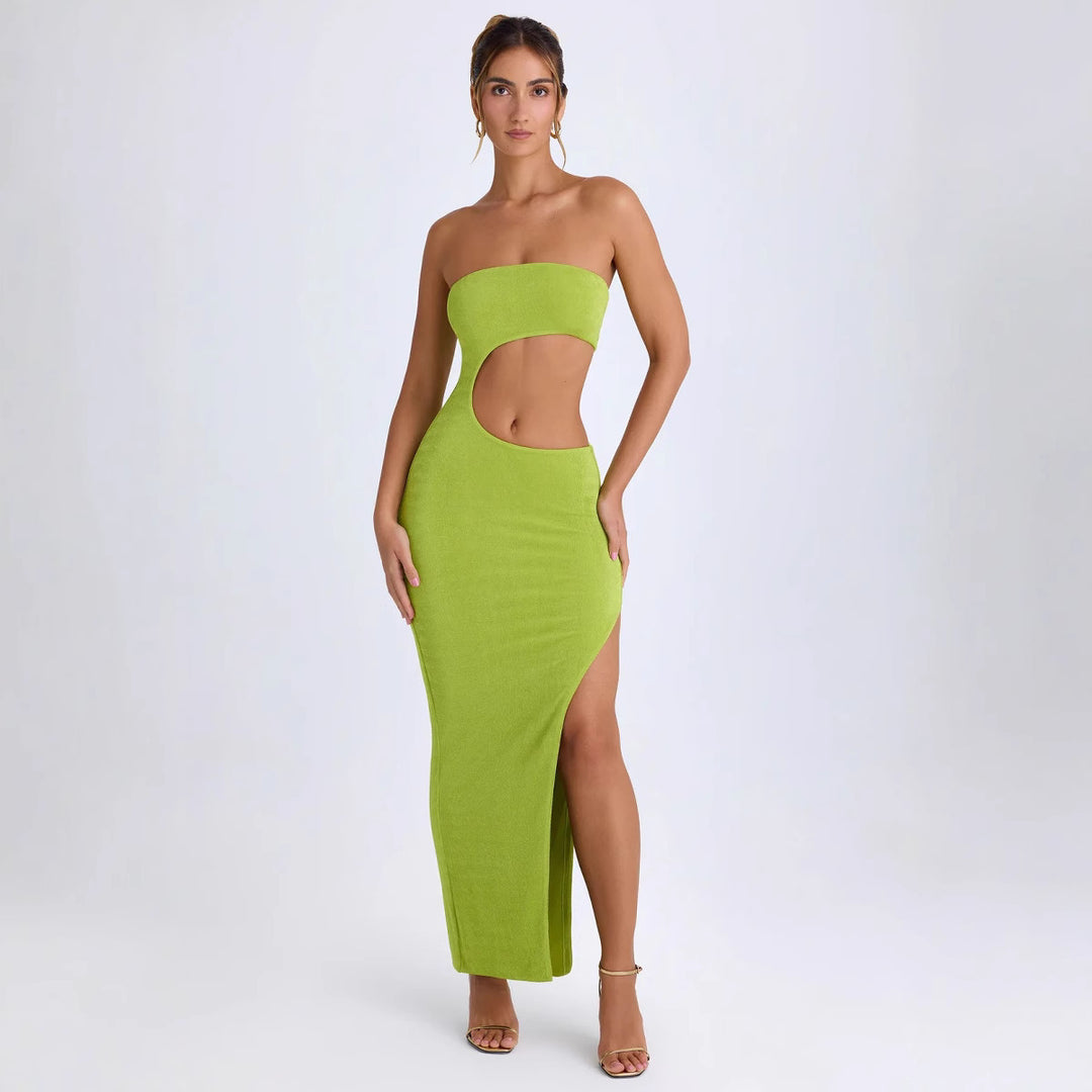Damen Elegantes Cut-Out Maxikleid mit Schulterfreiem Design und Hohem Schlitz R&B