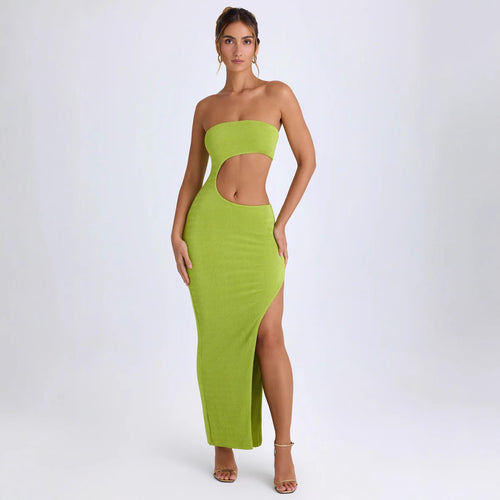 Damen Elegantes Cut-Out Maxikleid mit Schulterfreiem Design und Hohem Schlitz R&B