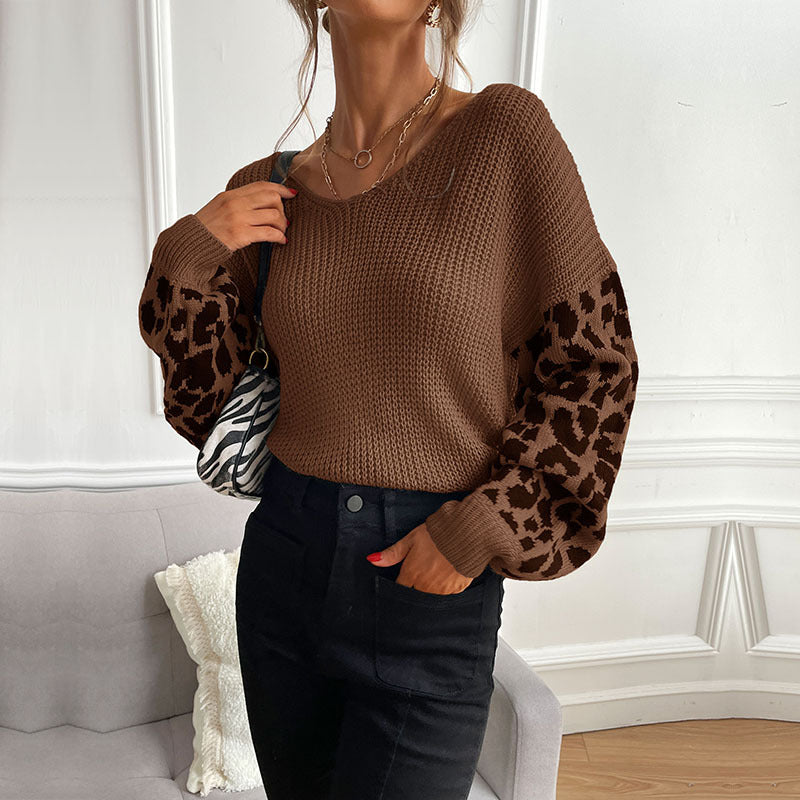 Damen Strickpullover mit modischem Leopardenmuster an den Ärmeln R&B