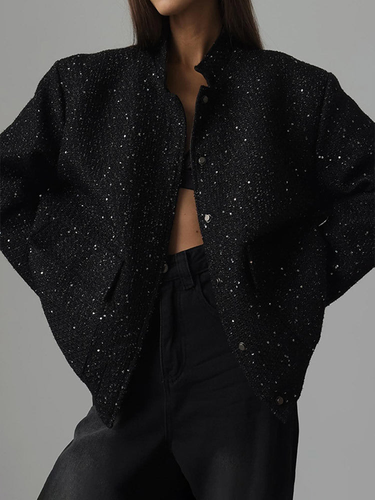 Damen Glamouröse Glitzerjacke mit oversized Schnitt und modischen Taschen R&B