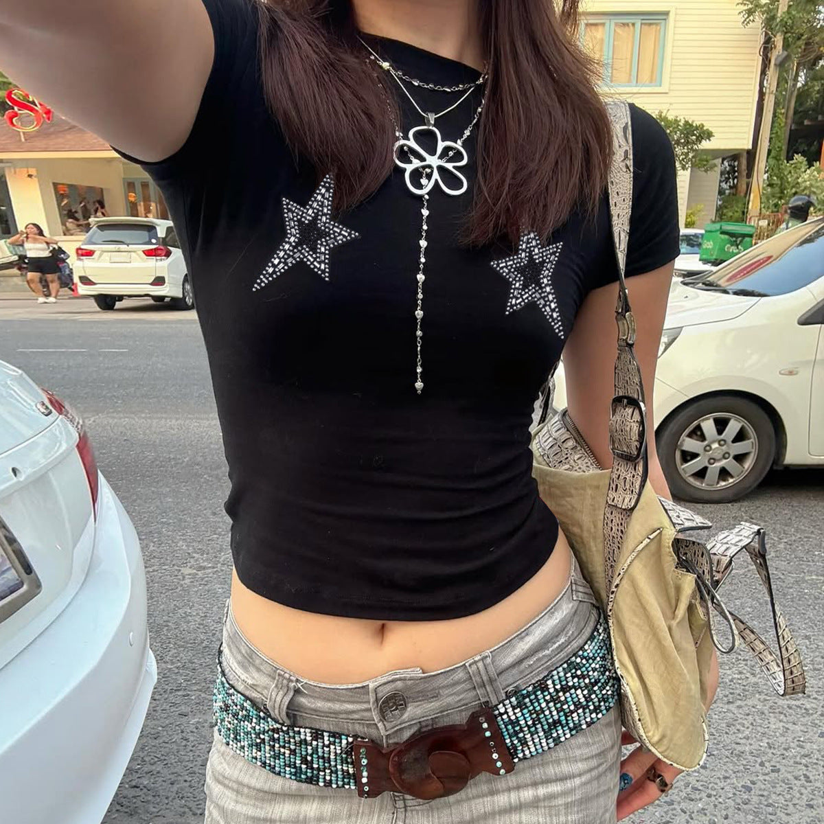 Damen Crop-Top mit glamourösen Sternenapplikationen R&B