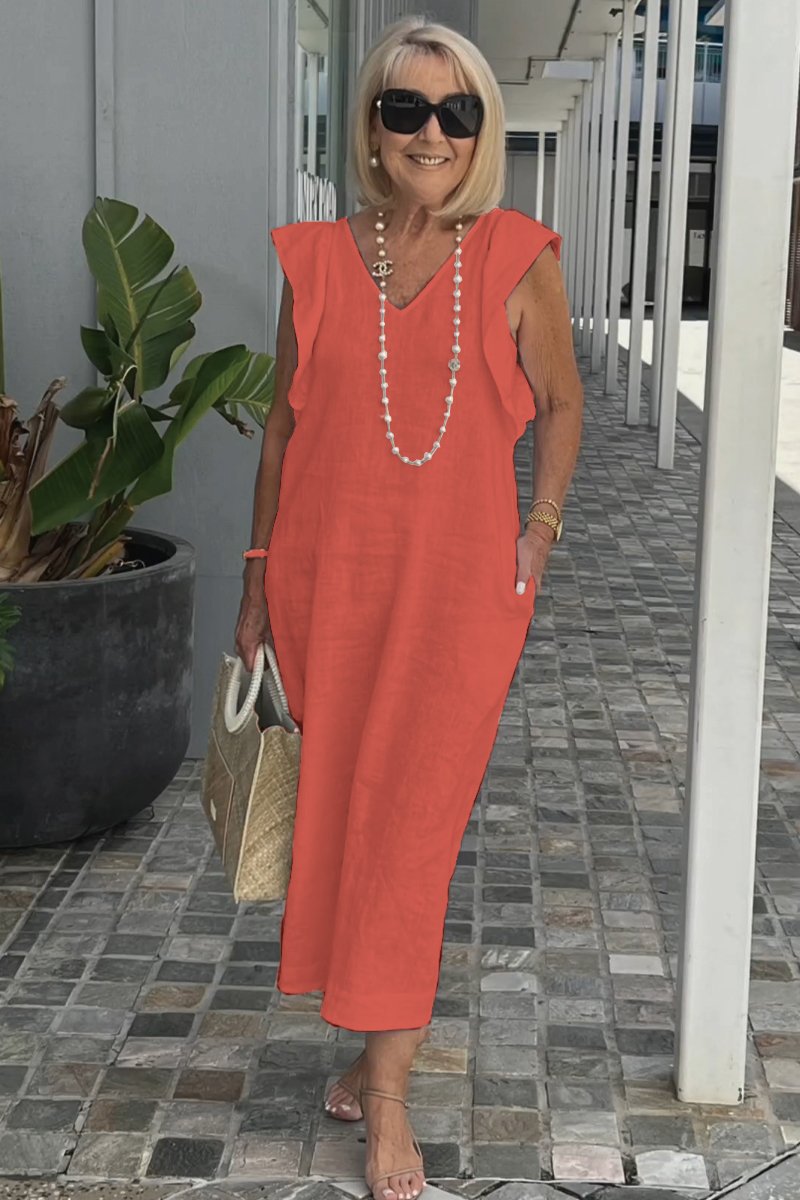 Damen Leichtes Maxikleid mit V-Ausschnitt und seitlichen Taschen R&B