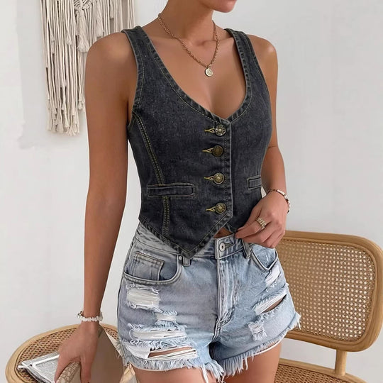 Damen Denim Bustier-Top mit Knopfdetails und verlängerter Silhouette R&B