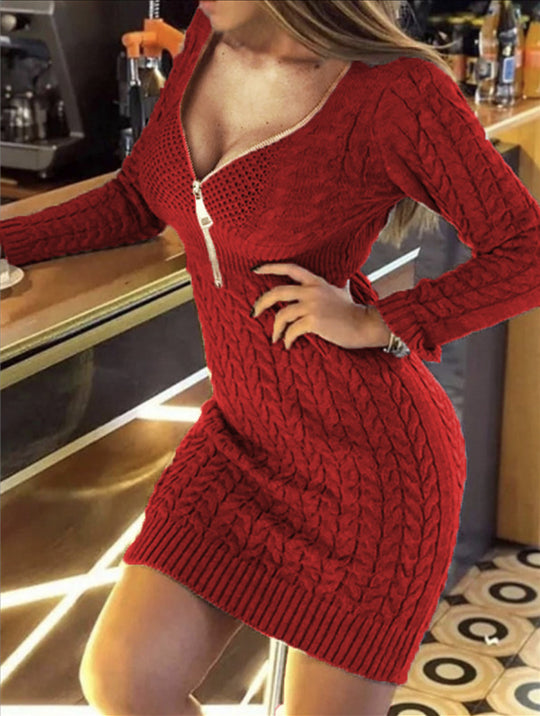 Damen Strickkleid mit engem Schnitt und dekorativer Reißverschlussdetails R&B