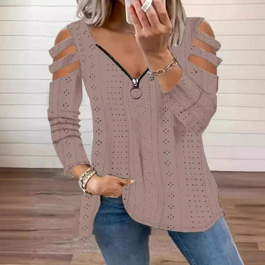 Damen modisches Oberteil mit Cut-Out-Ärmeln und tiefem V-Ausschnitt R&B
