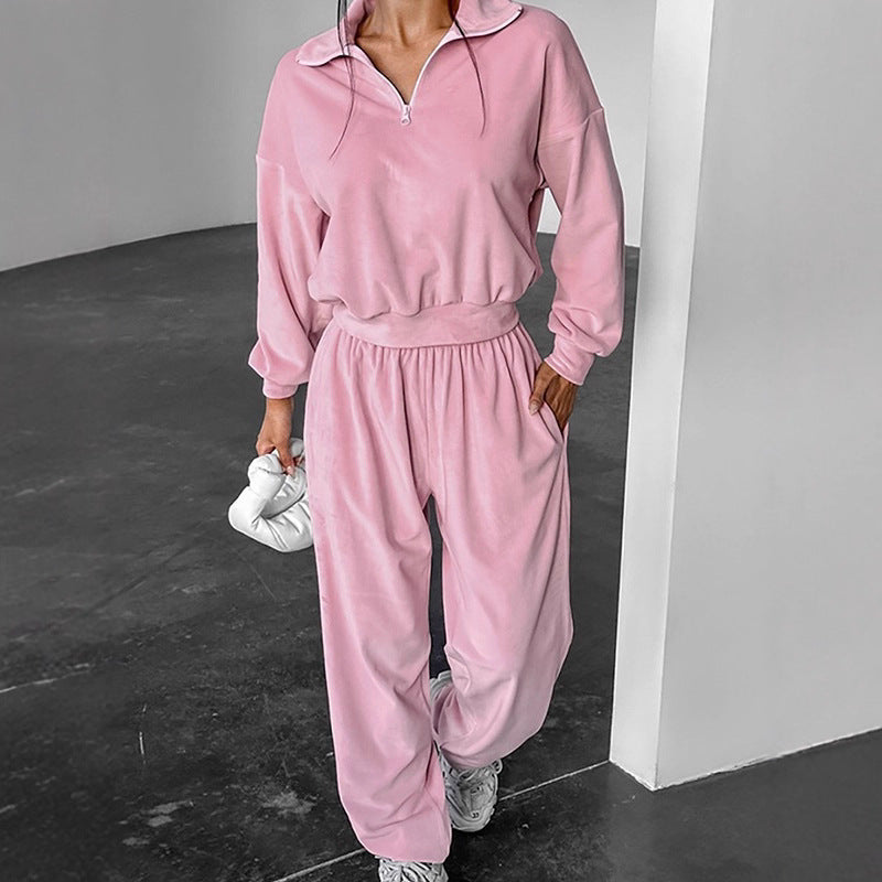 Damen Lässiges Trainingsanzug-Set mit kurzer Zipjacke und weiten Hosen R&B