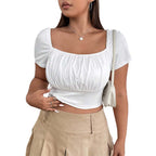 Damen Crop-Top mit gerafftem Design und nostalgischen Puffärmeln R&B