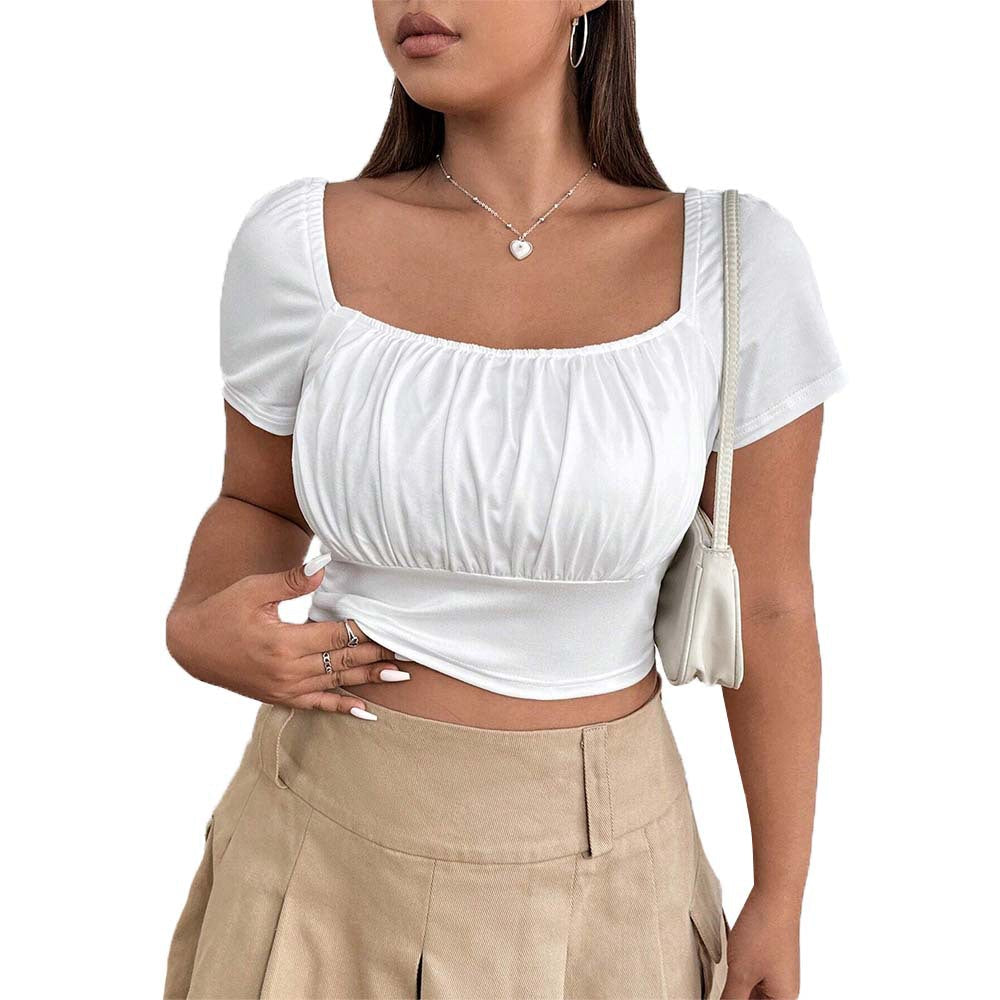 Damen Crop-Top mit gerafftem Design und nostalgischen Puffärmeln R&B