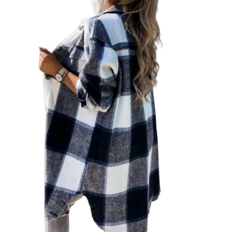 Damen Kariertes Overshirt mit knöpfbarem Design und aufgesetzten Taschen R&B