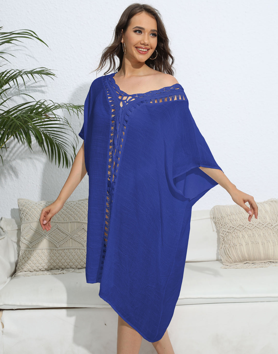 Damen luftiger Kaftan mit filigranem Häkelmuster R&B