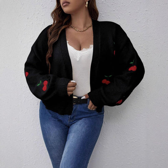 Damen Großer Cardigan mit verspieltem Kirschmotiv R&B