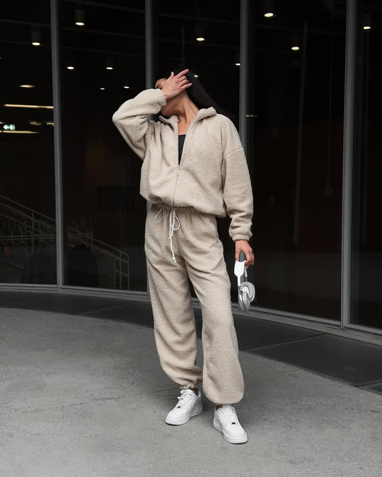 Damen gemütliches Fleece-Jogginganzug-Set mit Kapuze und elastischem Bund R&B