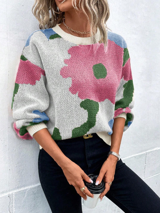 Damen modischer Pullover mit floralem Muster und weiten Ärmeln R&B