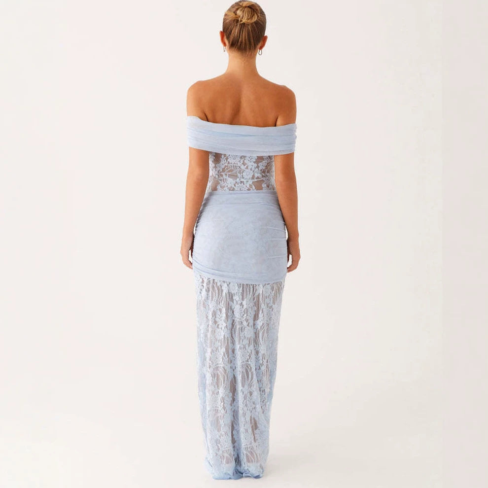 Damen Elegant drapiertes Spitzenkleid mit off-shoulder Design R&B