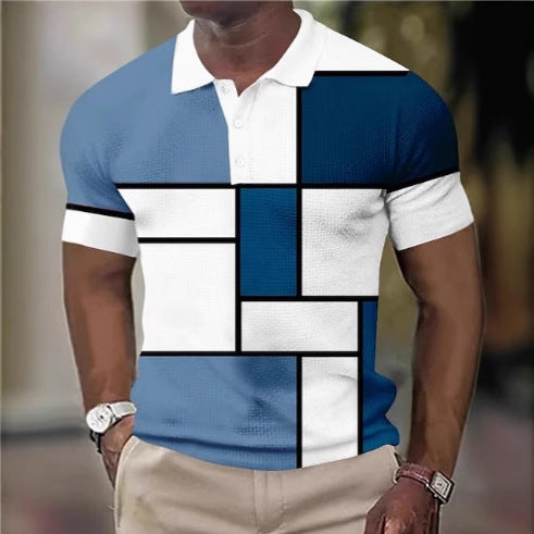 Herren nan kurzärmeliges Poloshirt mit geometrischem Blockmuster und feinem Strukturpiqué R&B