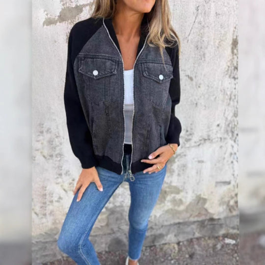 Damen lässige Sweaterjacke mit Denim-Style und Fleeceärmeln R&B