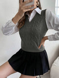 Damen Strickpullover mit V-Ausschnitt und Zopfmuster