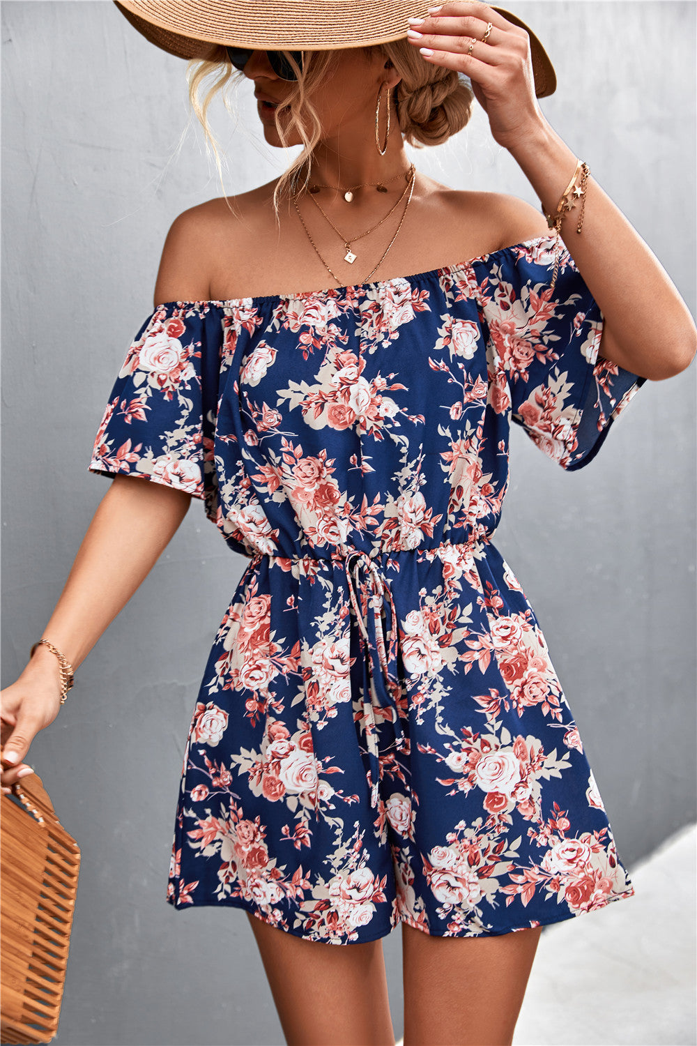 Damen Off-Shoulder Jumpsuit mit floralem Design und elastischem Taillenbund R&B