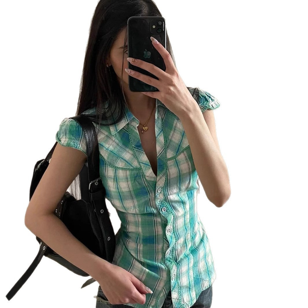 Damen karierte Kurzarmbluse mit verspielten Rüschendetails R&B
