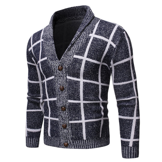 Herren modische Strickjacke mit V-Ausschnitt und modernem Karomuster R&B