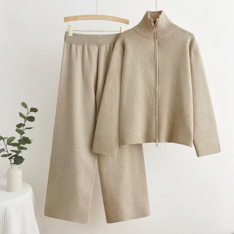 Damen gemütliches Strick-Loungewear-Set mit hohem Kragen R&B