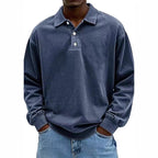 Herren nan lässiges Poloshirt-Sweatshirt mit Kragen, Vintage-Waschung und dreiteiliger Knopfleiste R&B