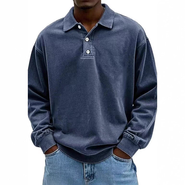 Herren nan lässiges Poloshirt-Sweatshirt mit Kragen, Vintage-Waschung und dreiteiliger Knopfleiste R&B