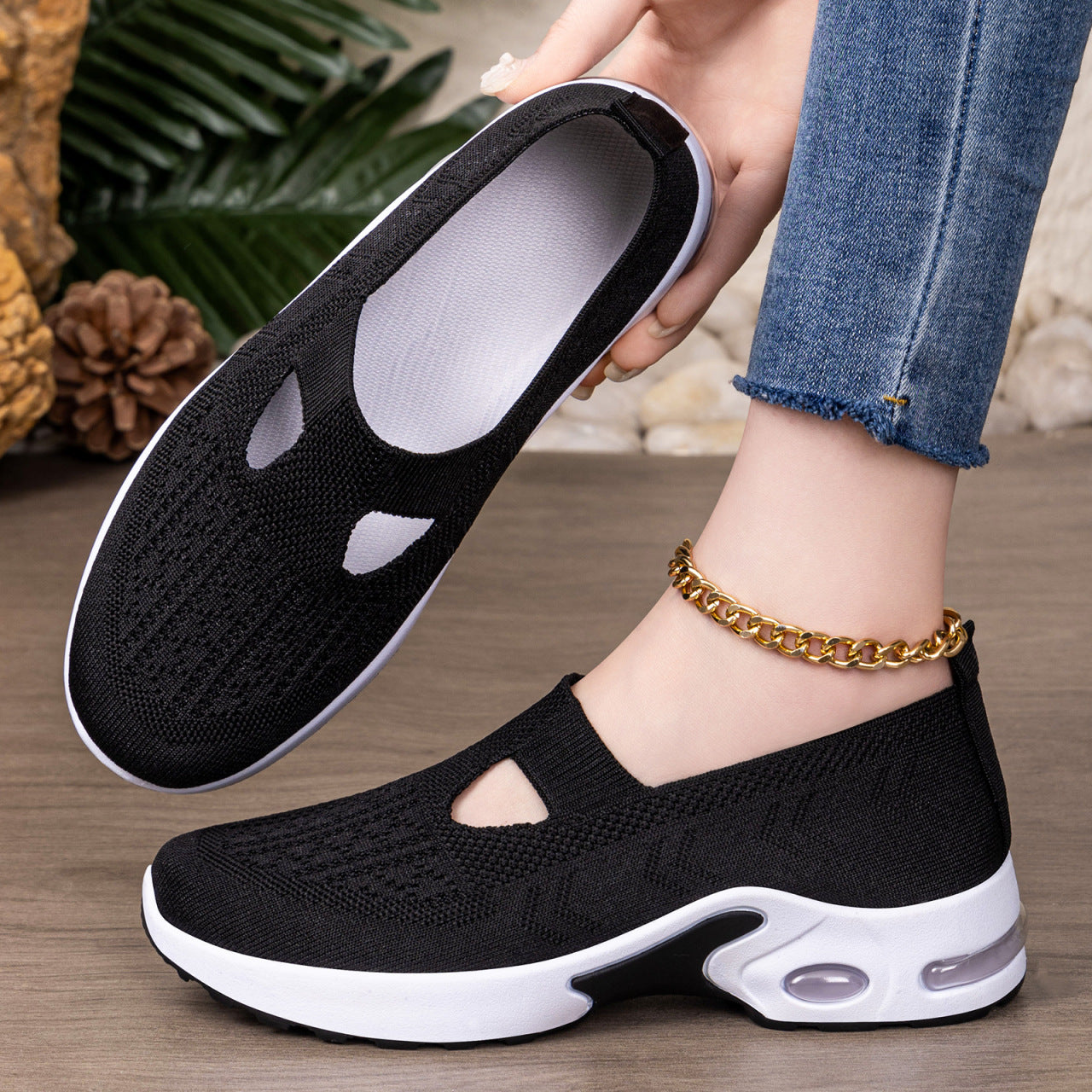 Damen bequeme Slip-On Sneakers mit atmungsaktivem Strickdesign und stoßdämpfender Sohle R&B