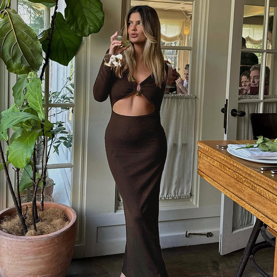 Damen elegantes langes Kleid mit Raffung und tiefem V-Ausschnitt R&B