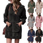 Damen Fleece-Kapuzenkleid mit Taschen und Reißverschluss